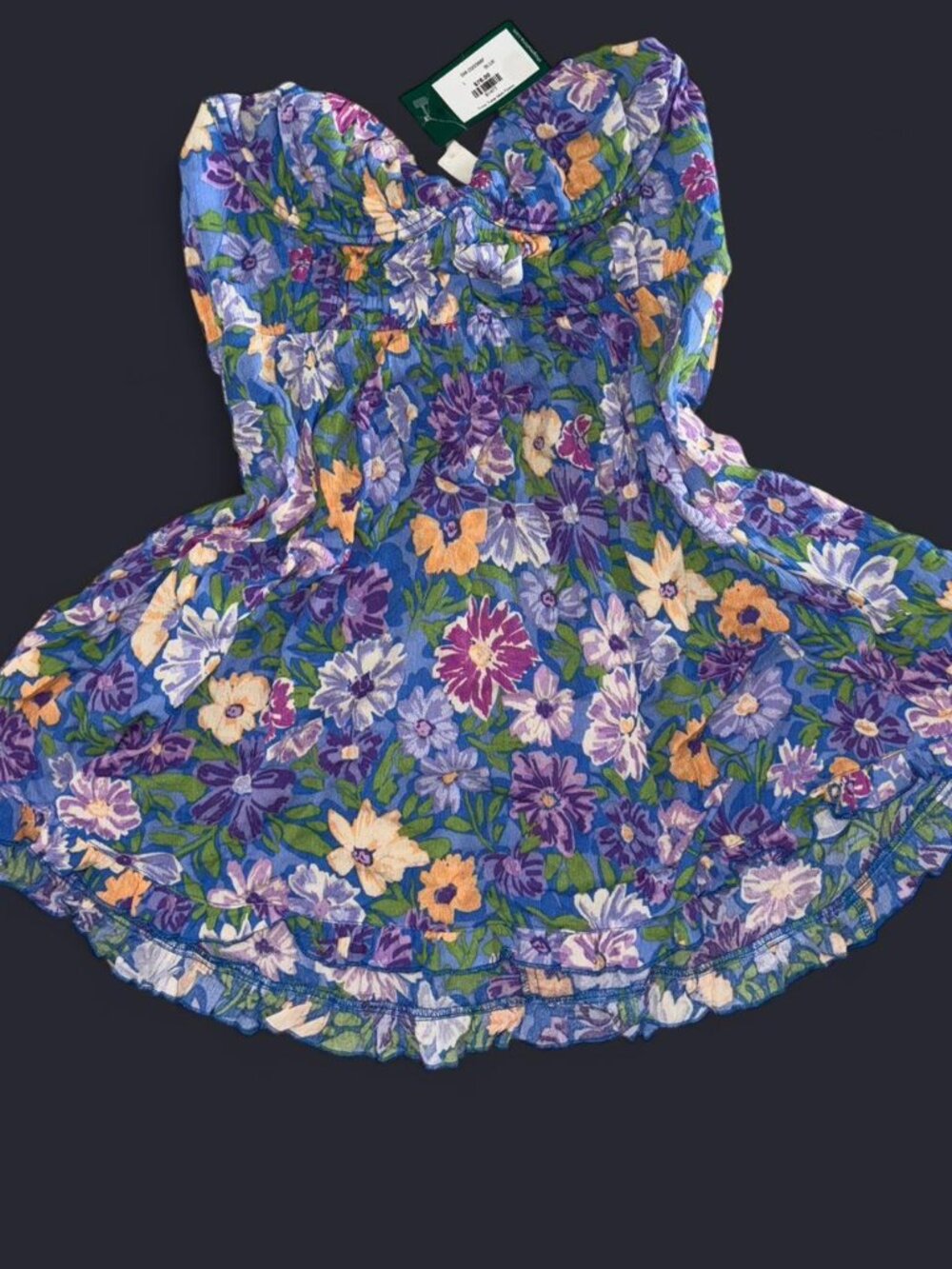 Blue Floral Strapless Mini Dress Ruffle Hem Summer